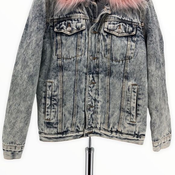 Juicy Couture Black Label Pink Fur Collar Acid Wash Denim Sherpa Lined Jacket - Picture 6 of 14
